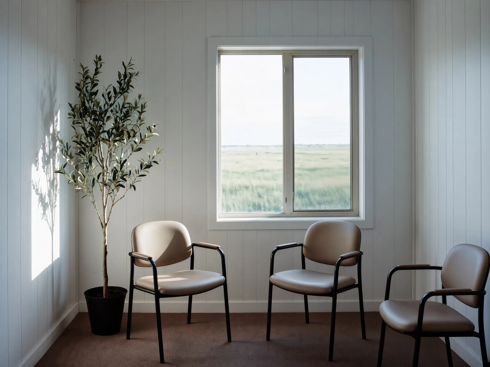 Bright clinic waiting room with chairs, an olive tree, and a prairie window