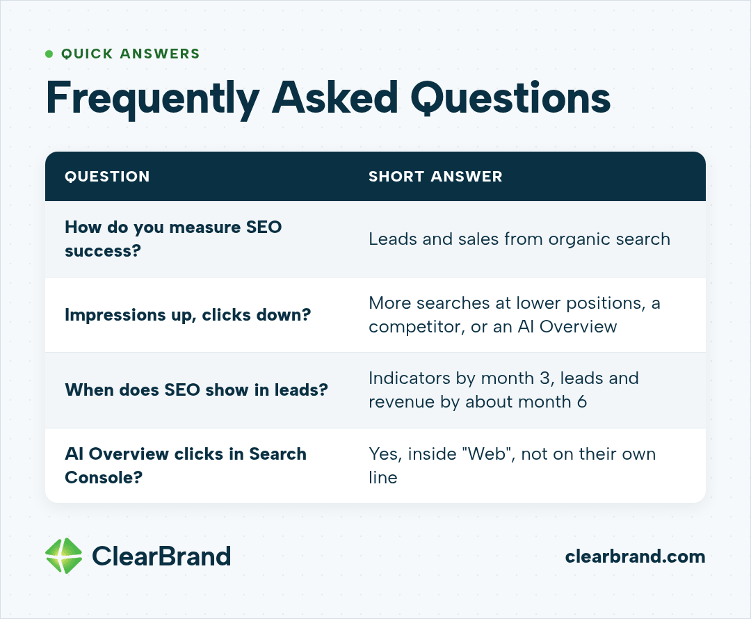 FAQ table: SEO success is leads and sales from organic search; impressions up, clicks down means lower positions, a competitor, or an AI Overview; indicators by month 3, leads and revenue by about month 6; AI Overview clicks count inside "Web."