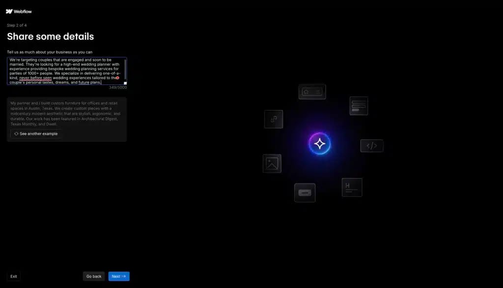 Screenshot showing the prompting process for Webflow AI