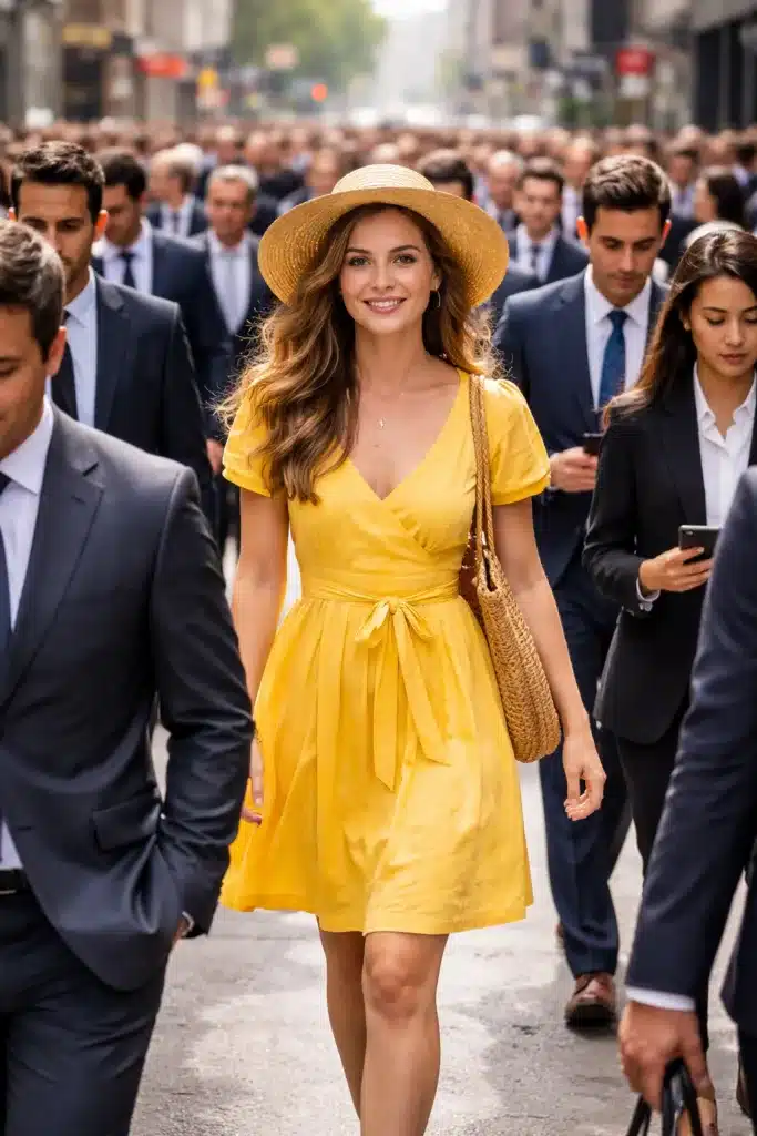 A young woman in yellow in the middle of a crowd of people in suits.