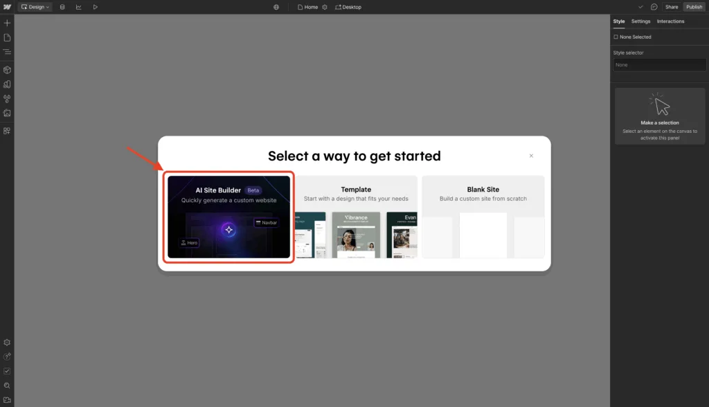 Screenshot showing how to get started with Webflow AI