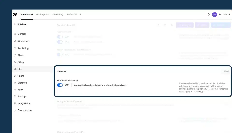 Webflow auto-generate sitemap setting