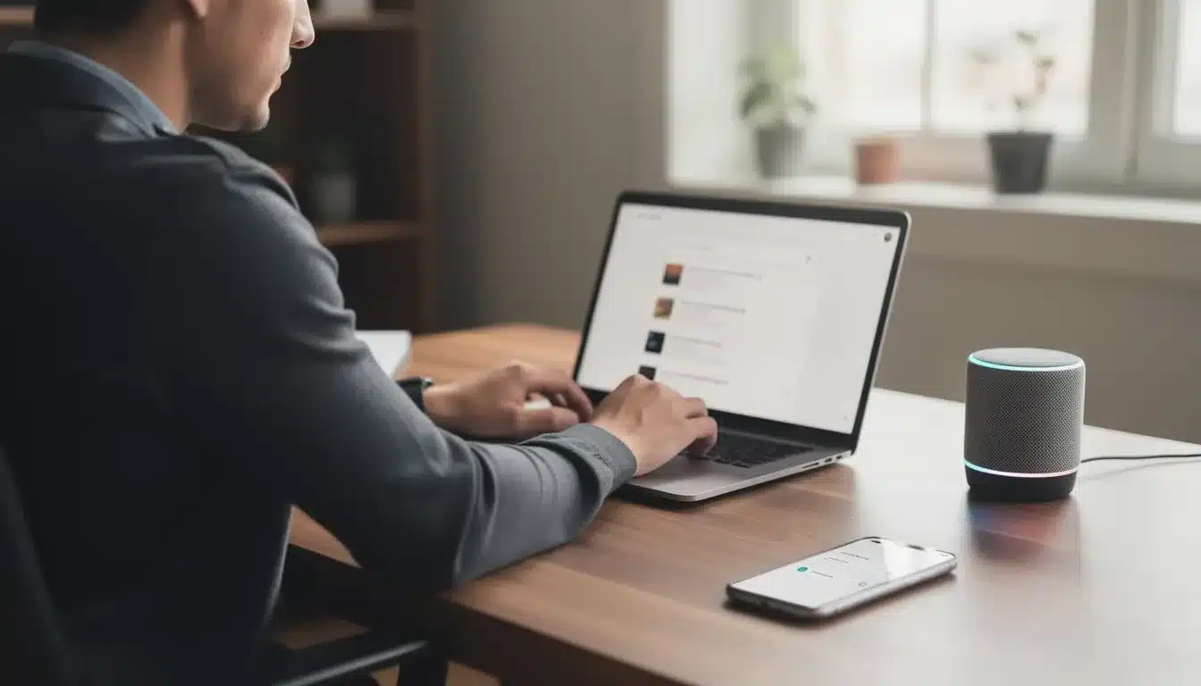 A person is seated at a desk, focused on using a laptop, while a smart speaker sits nearby, illustrating the diverse methods people utilize to search for information, including traditional search engines and voice search. This scene represents the evolving landscape of search behavior, highlighting the role of AI tools and answer engine optimization in providing instant answers and enhancing user experience.