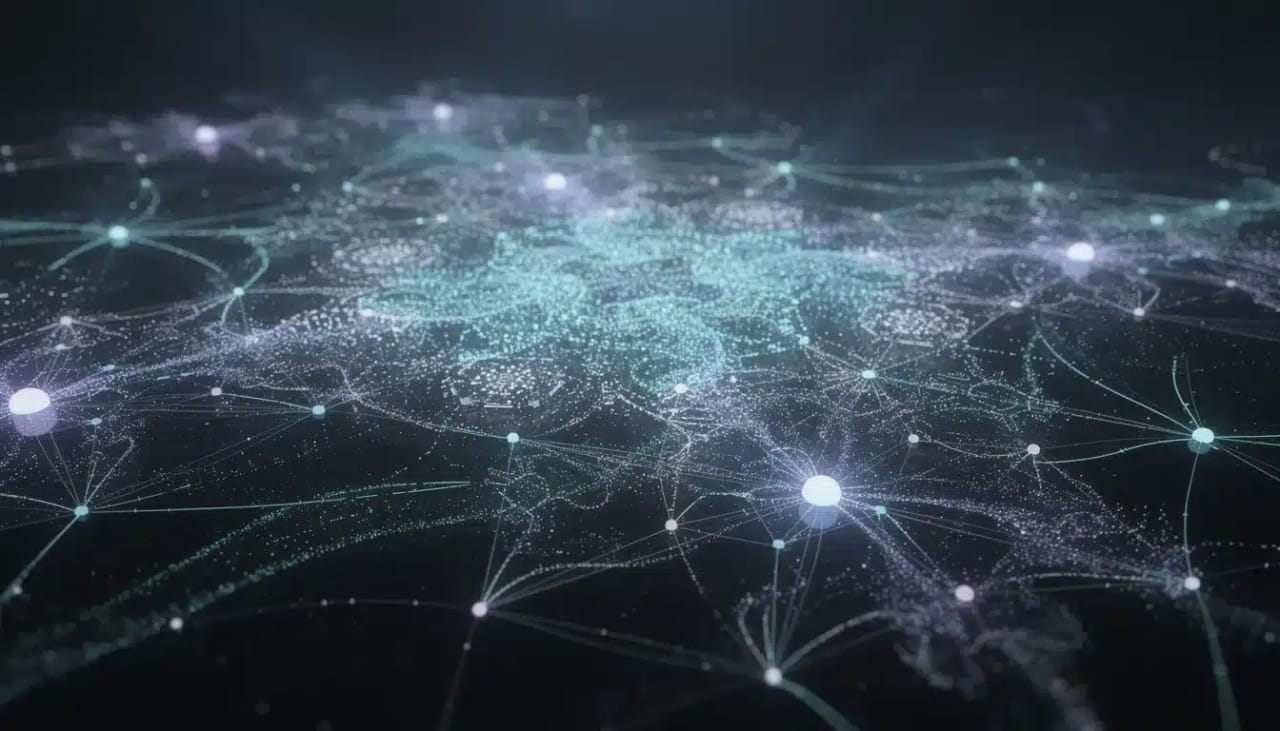 The image depicts a network of interconnected glowing nodes symbolizing artificial intelligence connections and knowledge sharing, illustrating how AI systems can optimize search behavior and enhance answer engine optimization (AEO). This visualization highlights the integration of AI tools and generative engines in improving content visibility and generating direct responses for users.