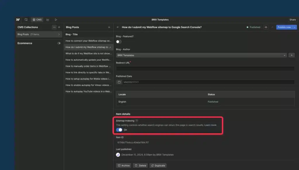 Webflow CMS setting to exclude an item from search indexing