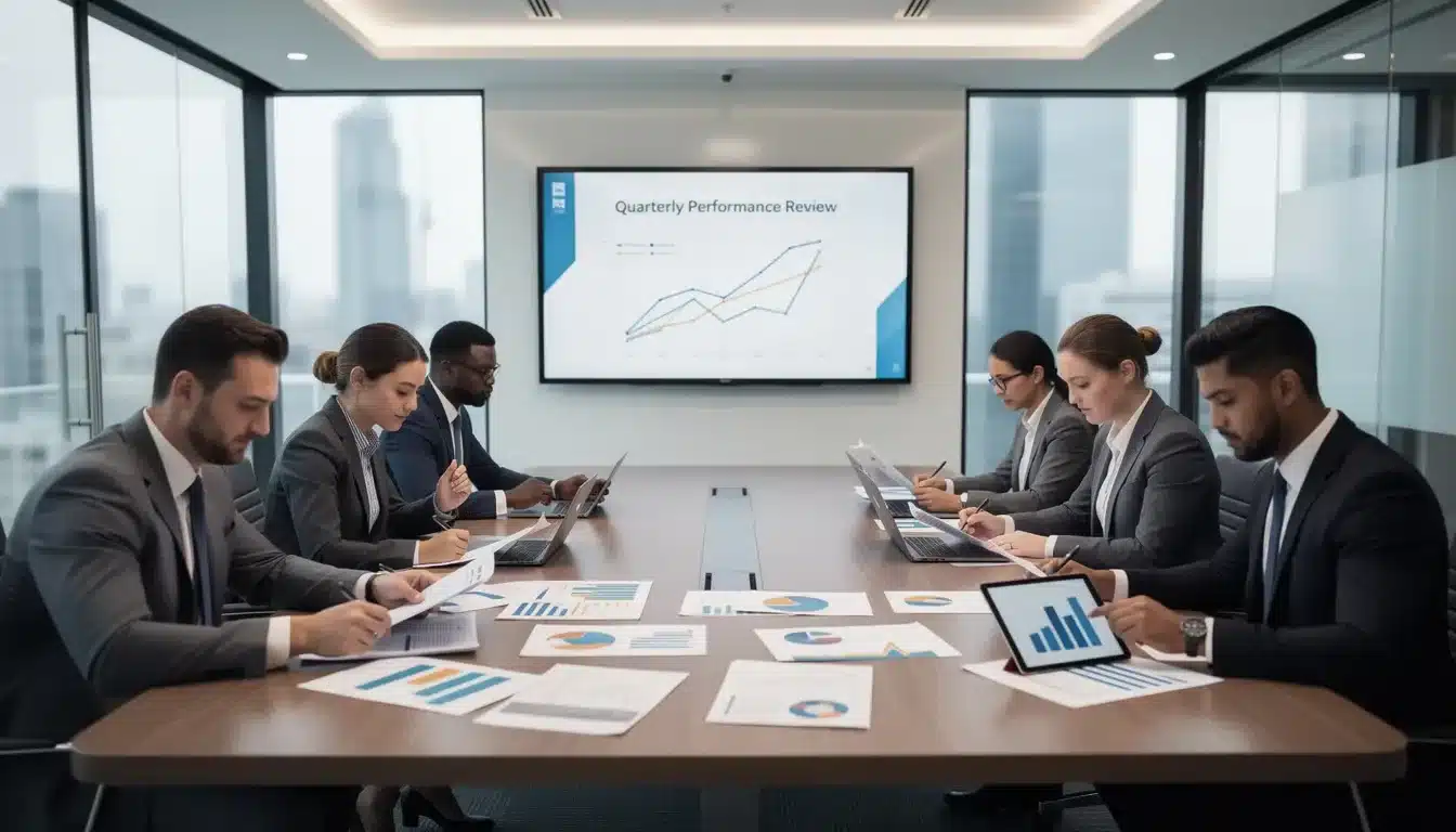 A group of professionals is seated around a conference table, reviewing documents and charts during a business meeting. They appear engaged in discussion, highlighting the importance of effective SEO strategies and content optimization for enhancing search visibility and performance in search engine results.