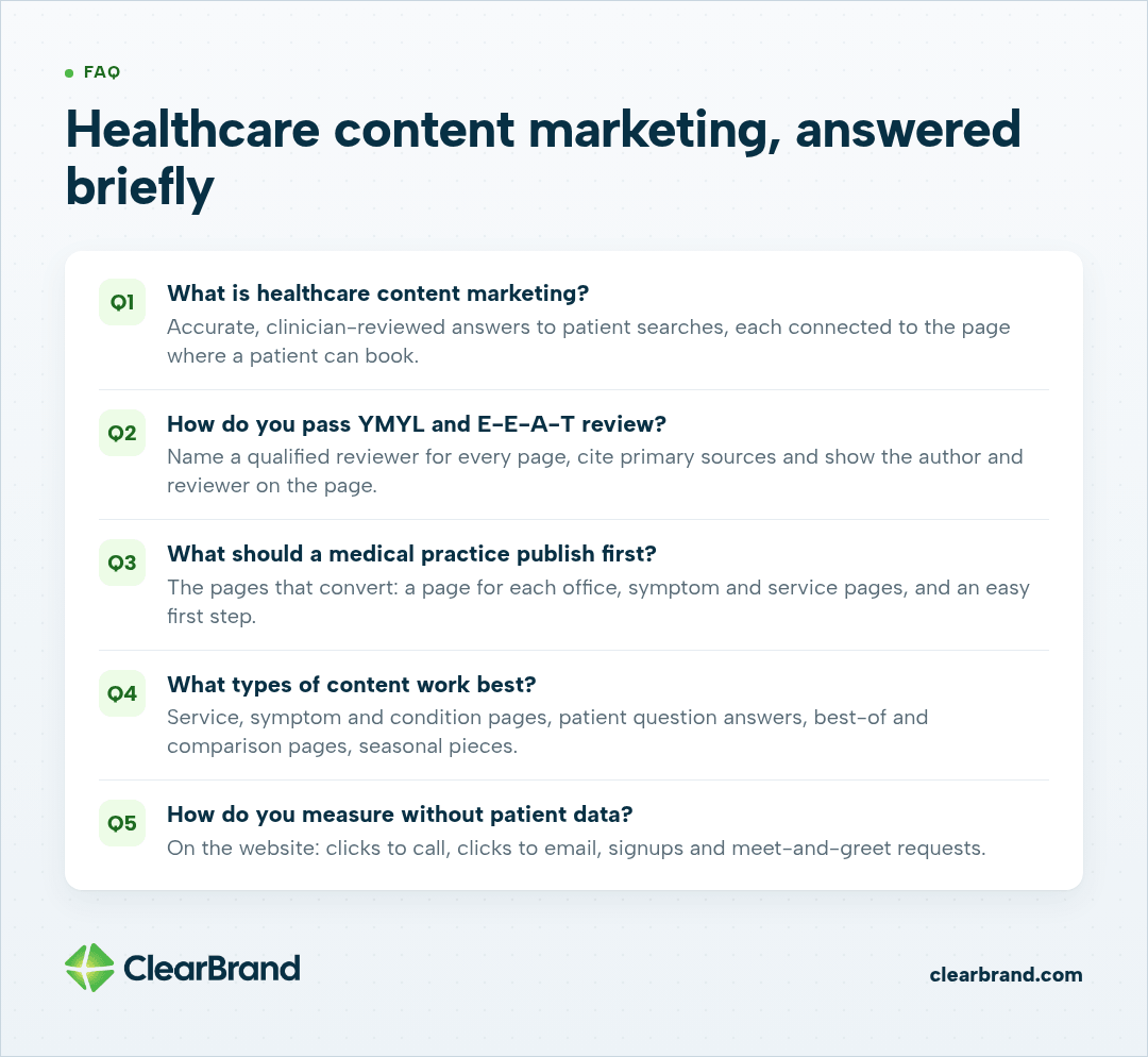 Five healthcare content marketing FAQs: what it is, how to pass YMYL and E-E-A-T review, what to publish first, which content types work best and how to measure without patient data.