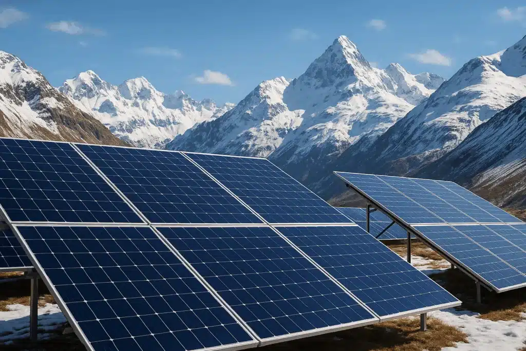 Chat-GPT Generated Image of solar panels on a snowy mountaintop