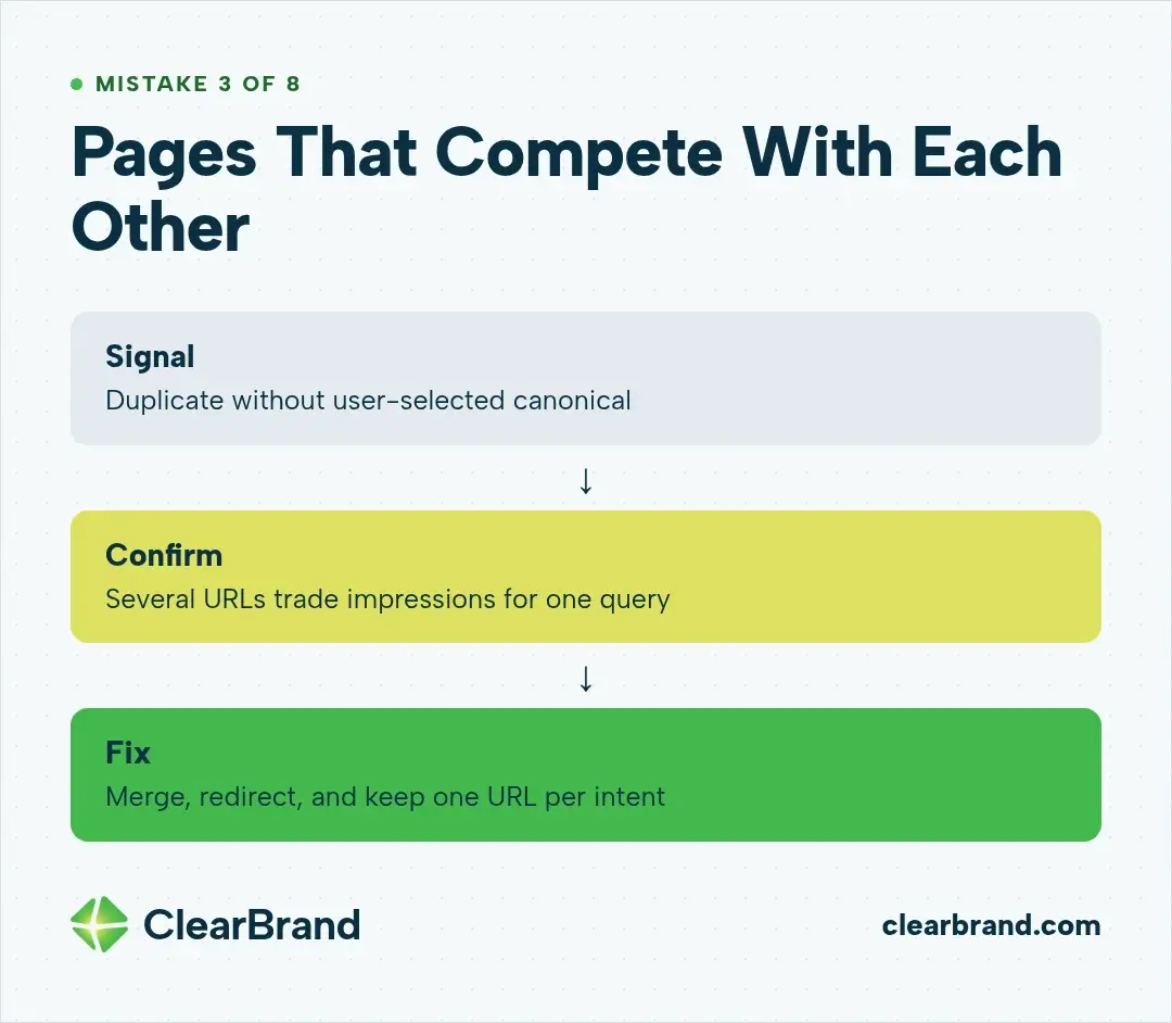 Flow for mistake 3: the signal is Duplicate without user-selected canonical, confirm when several URLs trade impressions for one query, and fix by merging, redirecting, and keeping one URL per intent