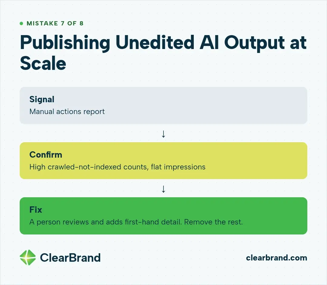 Flow for mistake 7: check the Manual actions report, confirm with high crawled-not-indexed counts and flat impressions, then have a person review and add first-hand detail and remove the rest