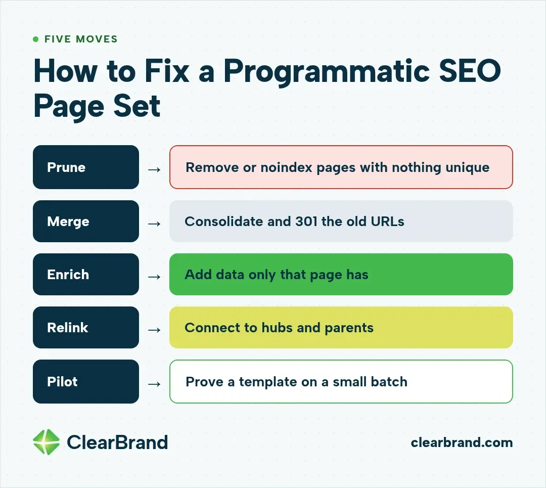 Five moves to fix a programmatic SEO page set: prune pages with nothing unique, merge and 301-redirect old URLs, enrich with data only that page has, relink to hubs and parents, and pilot a template on a small batch