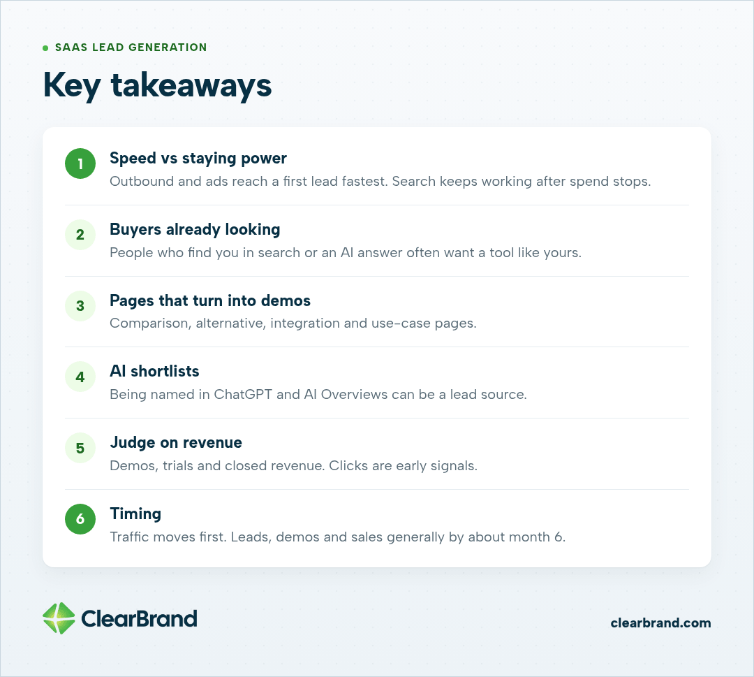 Six SaaS lead generation takeaways: speed vs staying power, buyers already looking, pages that turn into demos, AI shortlists, judging on revenue, and leads by about month 6.