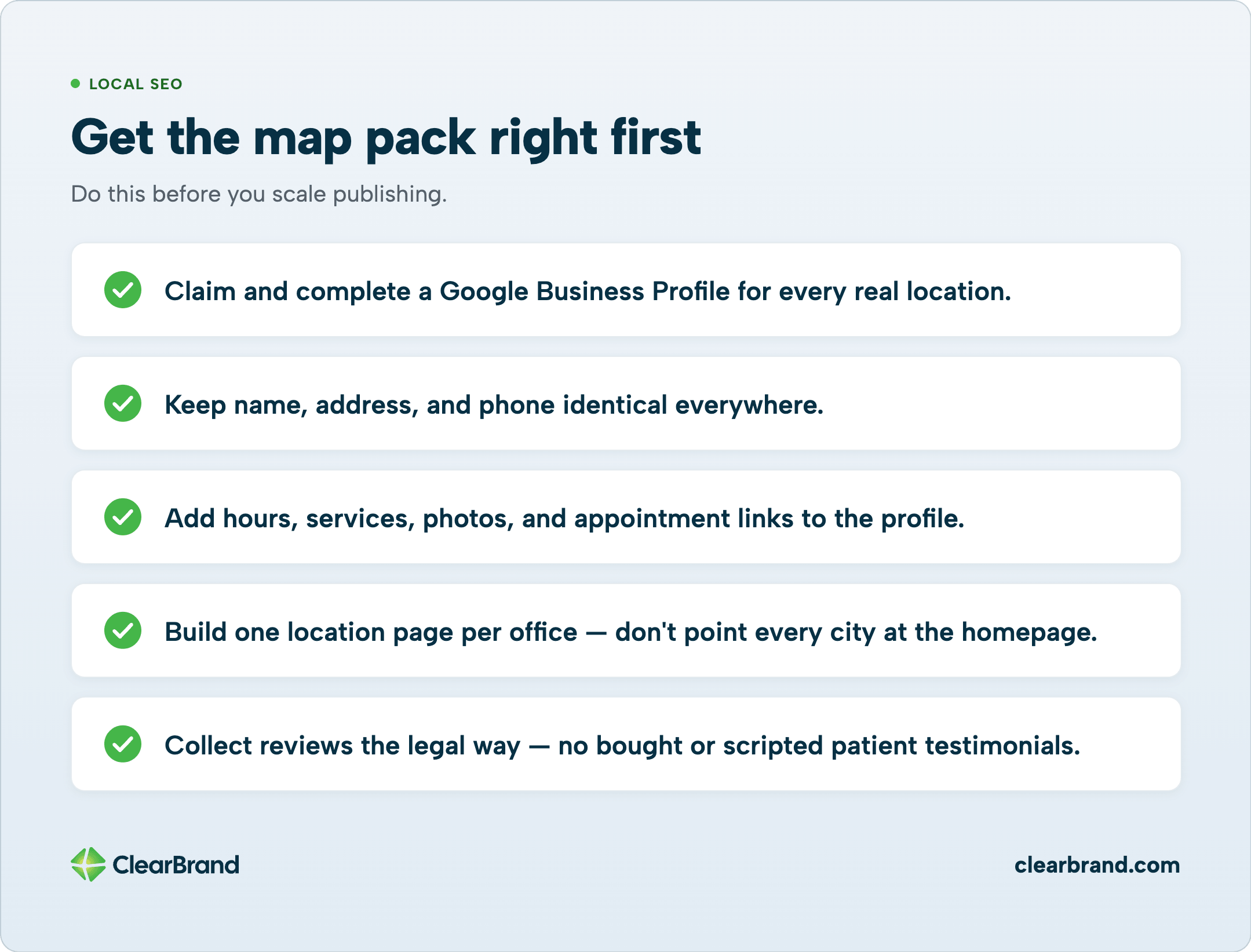 Five-step local SEO checklist titled “Get the map pack right first”: claim GBP, match NAP, add hours and photos, one location page per office, legal reviews