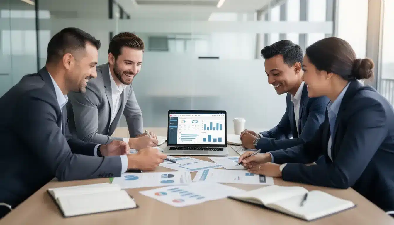 A professional team is collaborating at a desk, surrounded by documents and a laptop, as they discuss strategies for search engine optimization (SEO) and content creation. The atmosphere is focused and dynamic, highlighting their efforts to improve search visibility and optimize their SEO strategy.