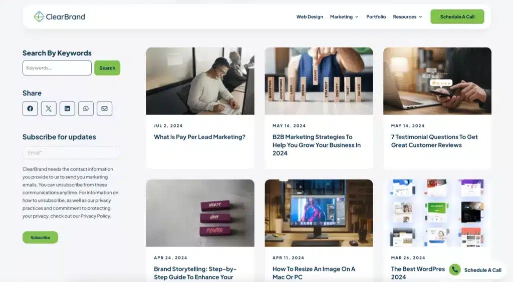 Screenshot of the ClearBrand blog page