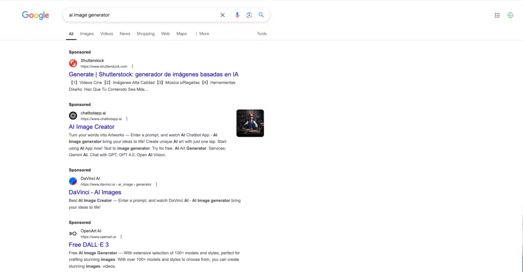 Screenshot of a Google search for "ai image generator"