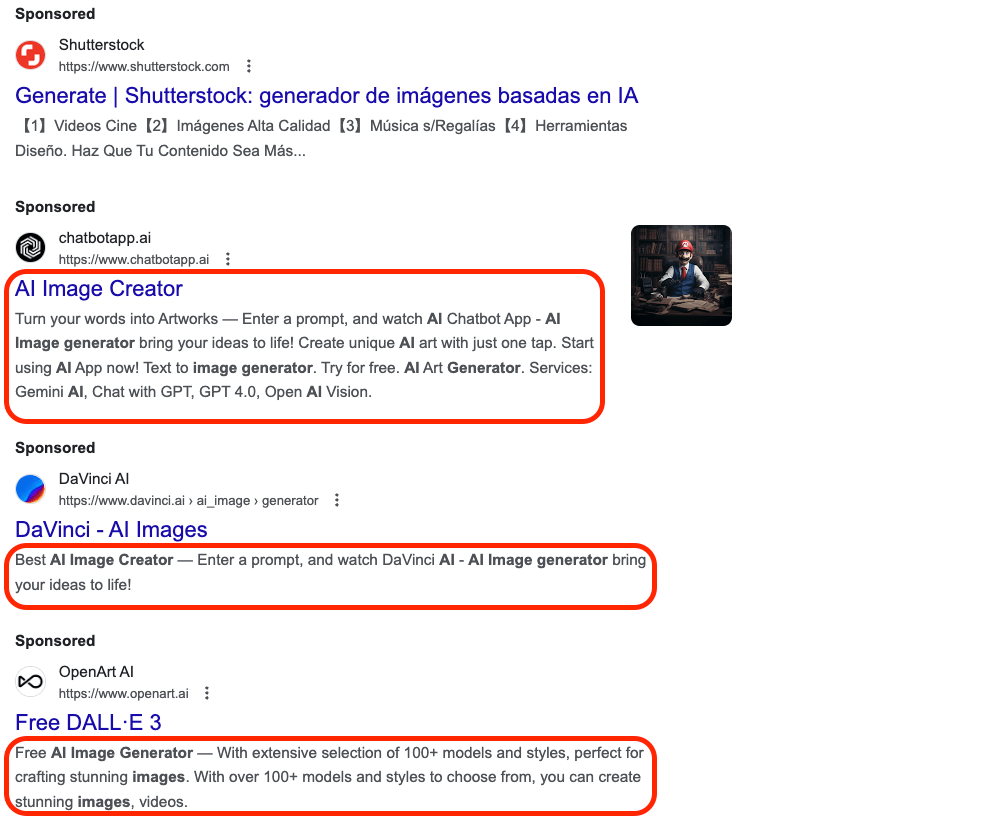 Screenshot highlighting ad copy found on the search results page of Google.