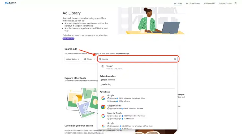 Screenshot of the Meta Ad Library search bar.