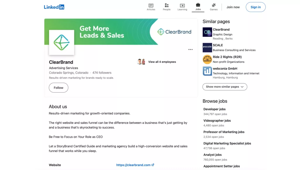 Screenshot of the ClearBrand LinkedIn page