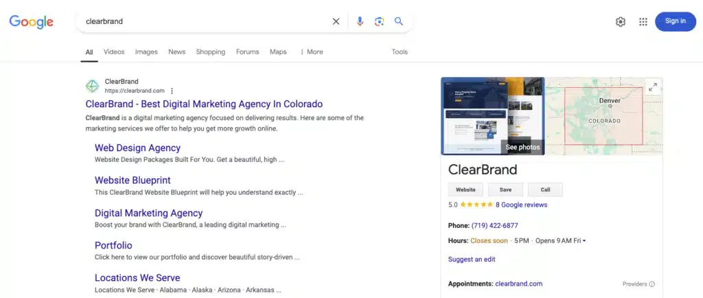 Screenshot of what shows up when you search "ClearBrand" on Google