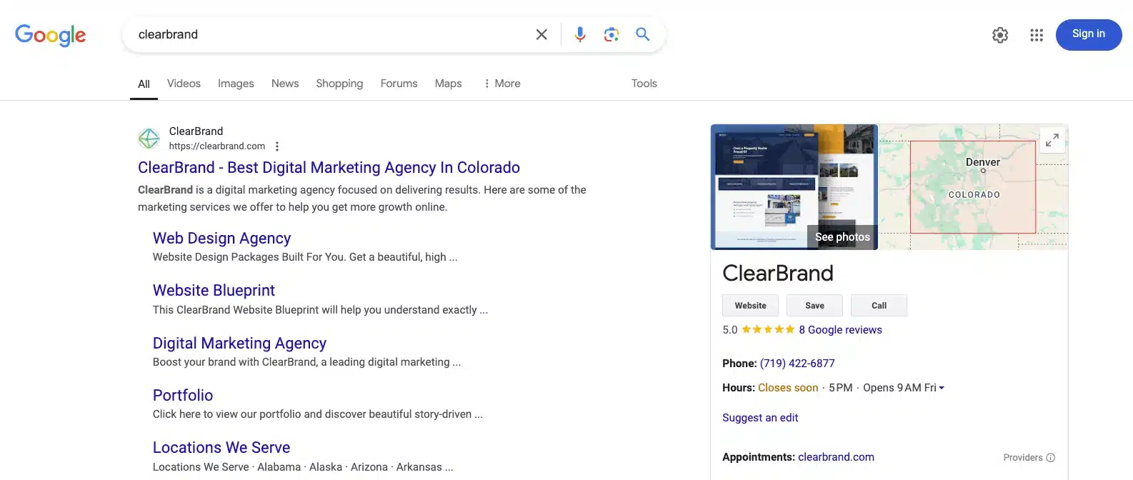 Screenshot of what shows up when you search "ClearBrand" on Google