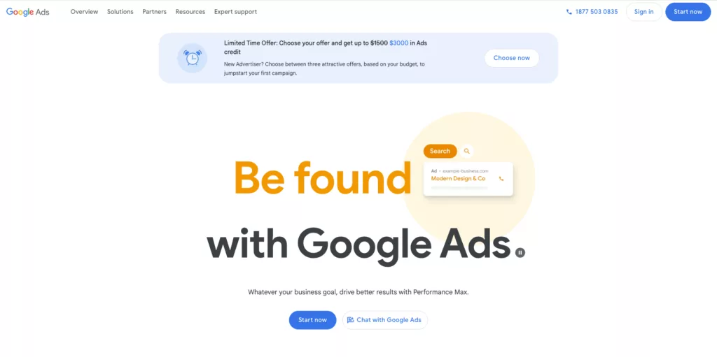 Screenshot of the Google Ads platform home page.