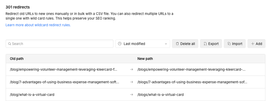 Webflow 301 redirects settings screen showing a table of old blog URLs redirected to new paths, with options to search, import, export, add, or delete redirects.