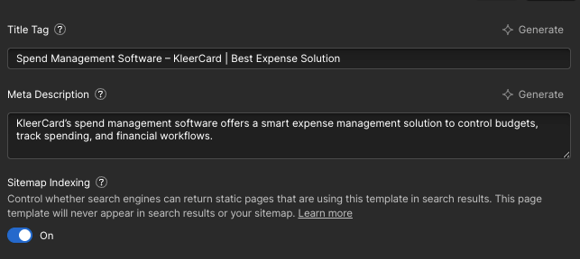 Webflow page SEO settings showing the title tag ‘Spend Management Software – KleerCard | Best Expense Solution,’ a custom meta description field, and sitemap indexing enabled.
