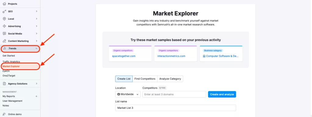 Screenshot of the SEMRush Market Explorer tool