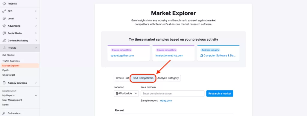 Screenshot of the "Find Competitors" option in the Market Explorer tool.