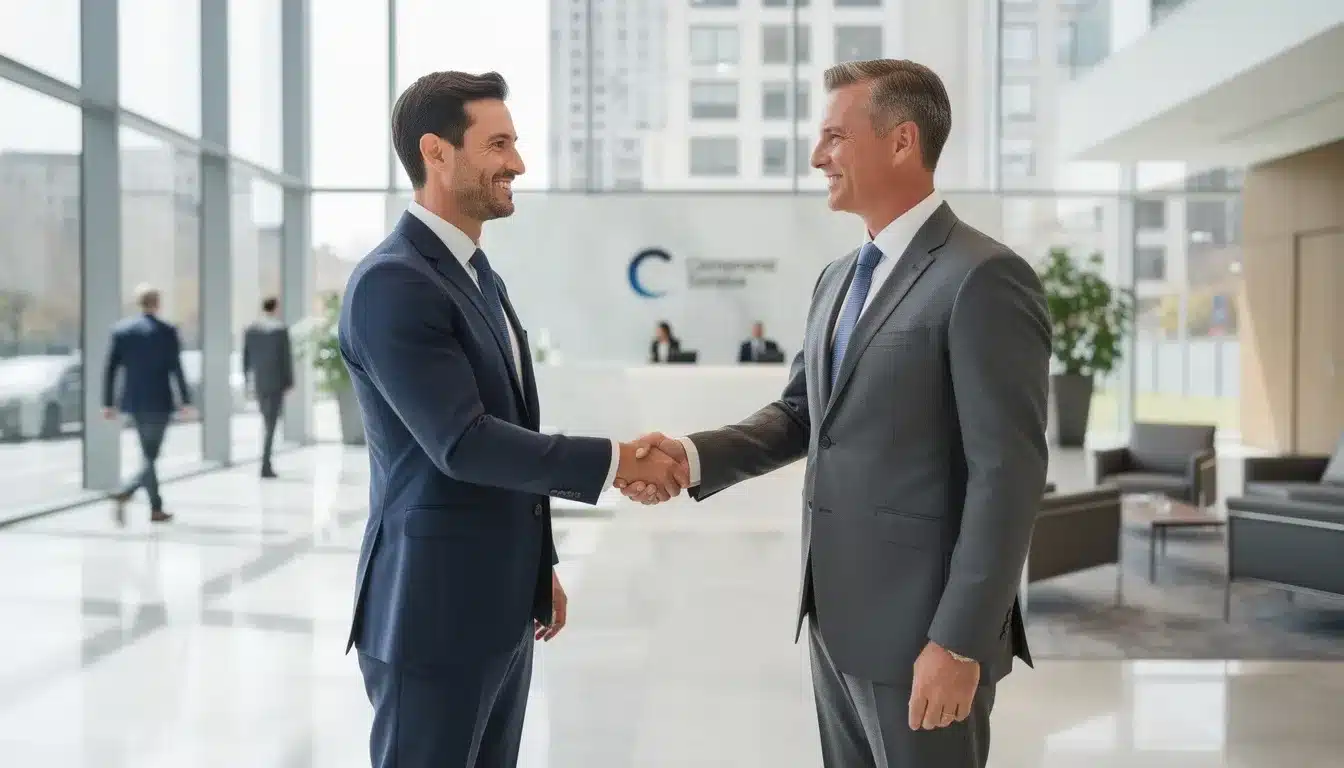 The image depicts a professional handshake in an office lobby, symbolizing a strong business partnership. This moment captures the essence of collaboration and trust, essential elements in the evolving landscape of digital marketing and answer engine optimization strategies.