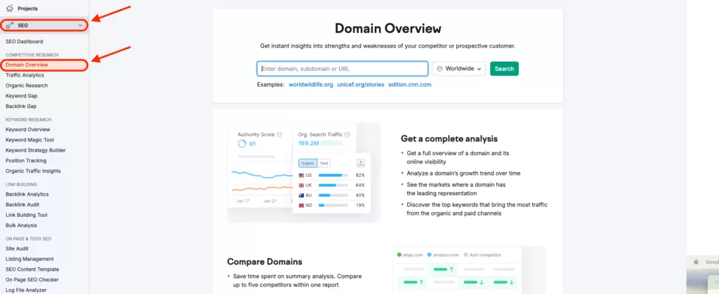 Screenshot of the Domain Overview tool