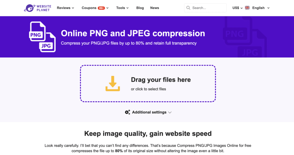 Screenshot of Website Planet’s online PNG and JPEG compression tool