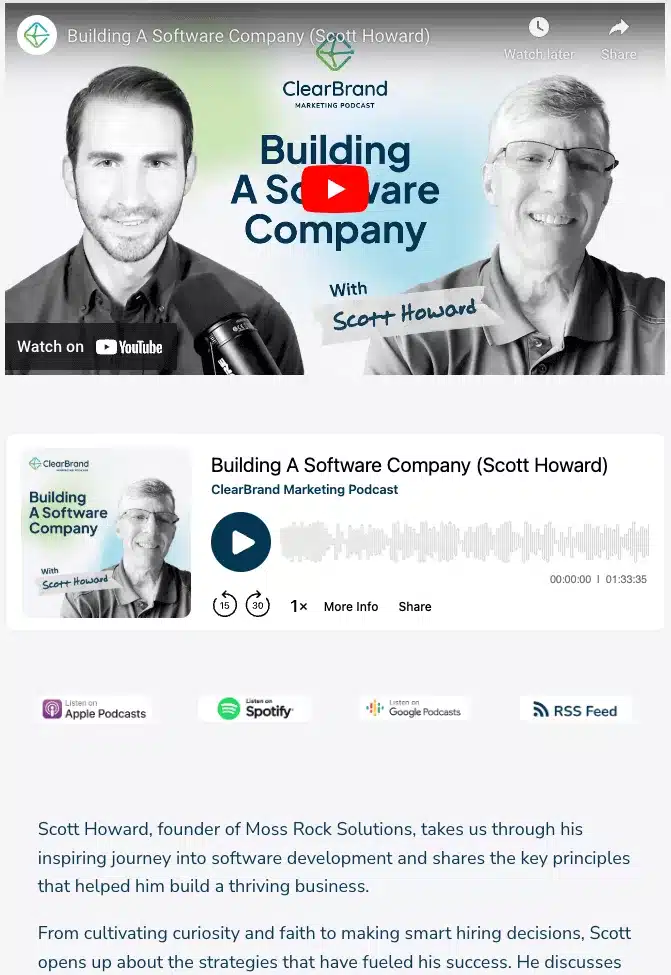 Screenshot of a video element strategically placed on the ClearBrand Podcast page.
