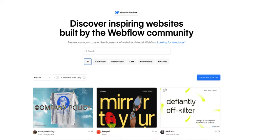 Webflow screenshot showing pre-built library of assets for download, created by the community