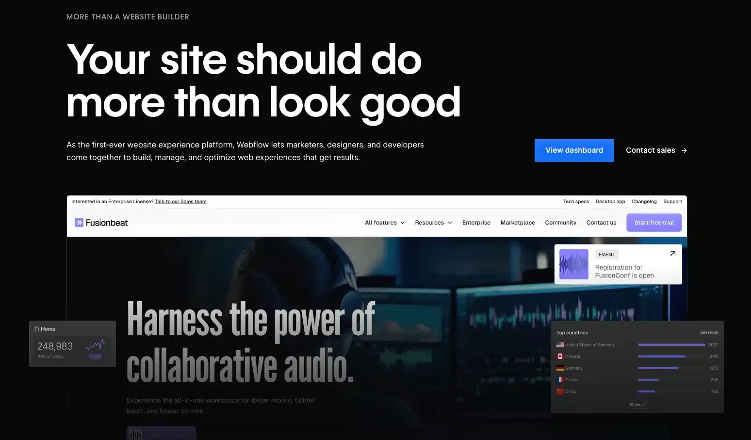 Screenshot from the Webflow website showing headlines and examples of a successful website