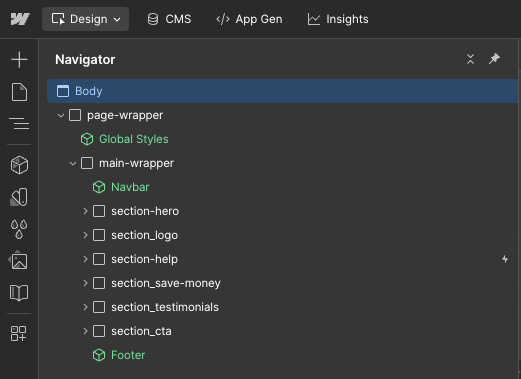Webflow Designer Navigator panel displaying the page structure, including body, page wrapper, global styles, navbar, multiple content sections, and footer in a hierarchical layout.