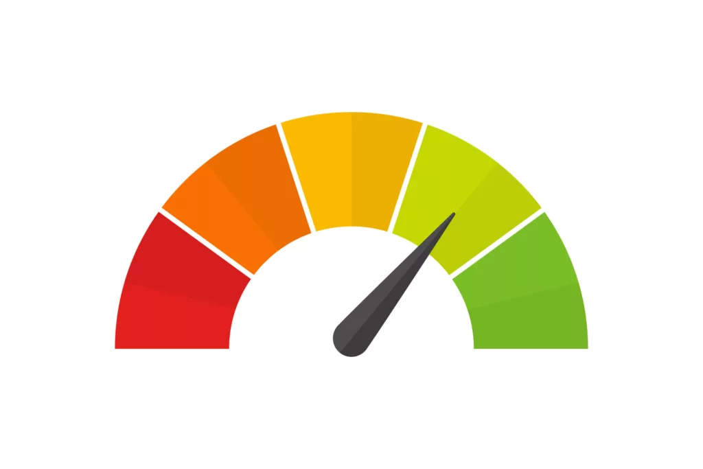 Speedometer graphic with 5 settings: Red, orange, yellow, pale green, dark green