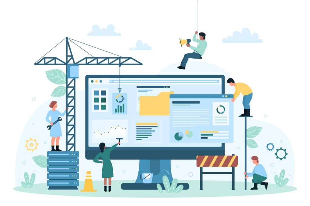 Graphic illustrating what it would look like if construction workers built websites