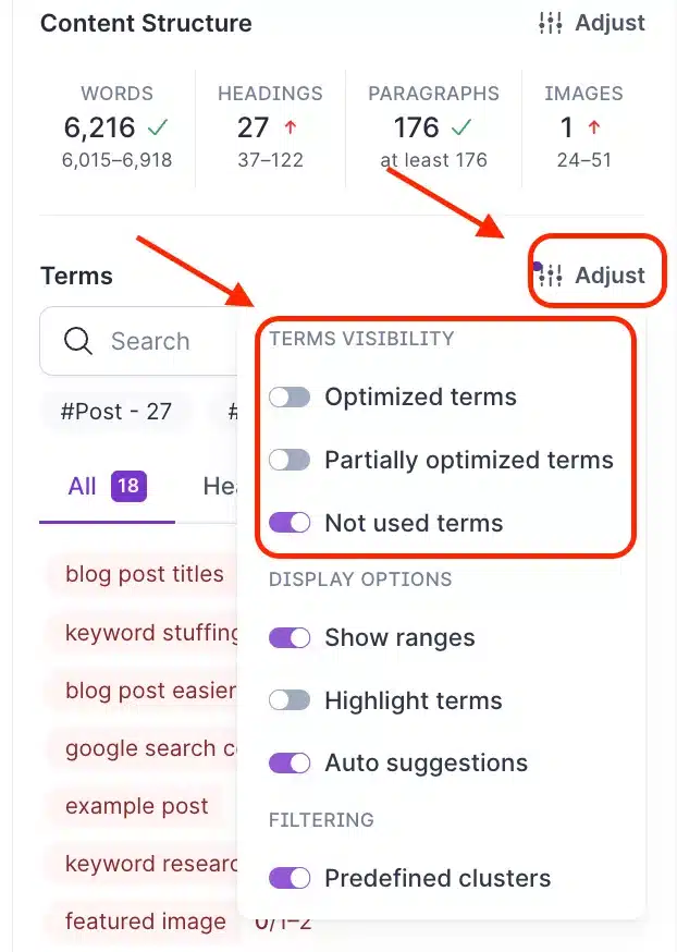 A screenshot showing how to filter terms in Surfer so you can see which SEO keywords are not currently in your post.
