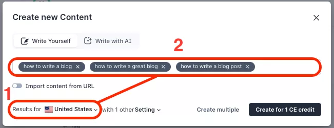 A screenshot showing where to add keywords and set location while setting up the SurferSEO content editor.
