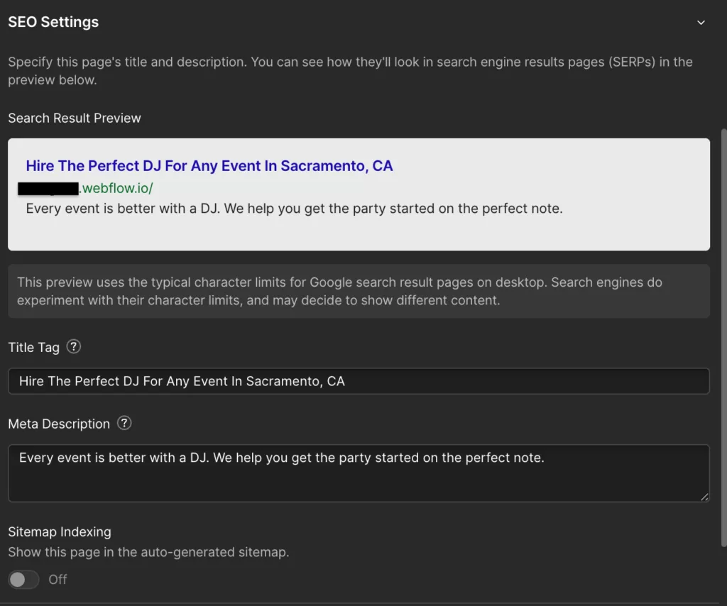 Webflow Website SEO settings screenshot