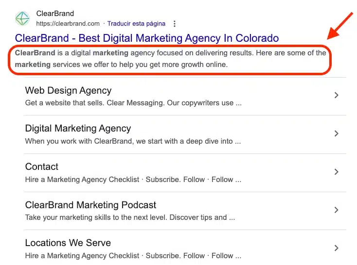 Screenshot showing a meta description for ClearBrand found through Google Search.