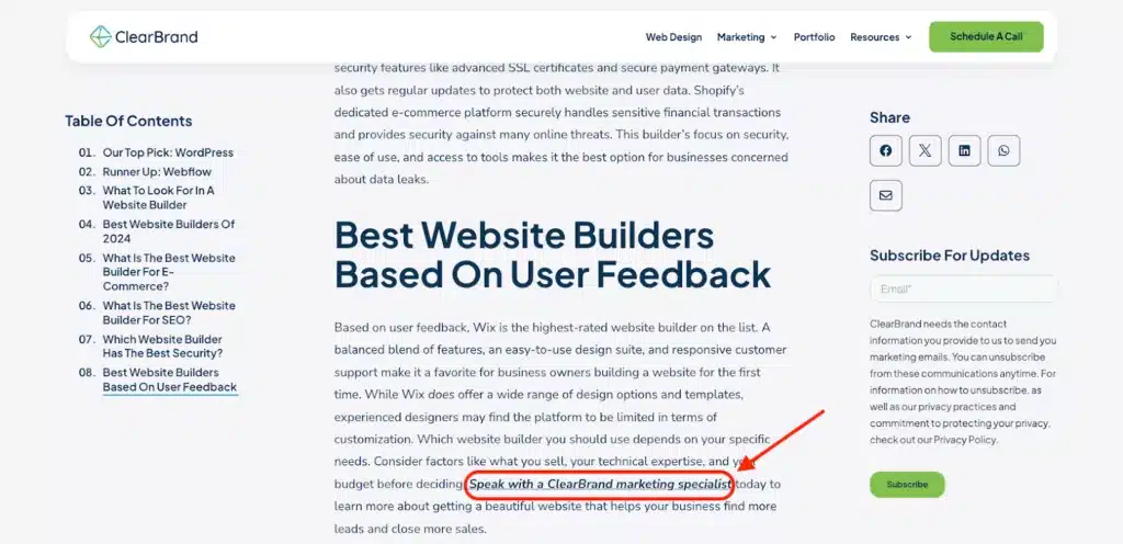 A screenshot showing what a CTA looks like within the body of a blog post