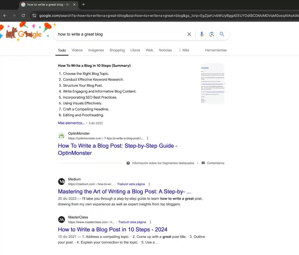A screenshot showing the research process for a primary keyword; user is searching for “how to write a great blog” on Google.