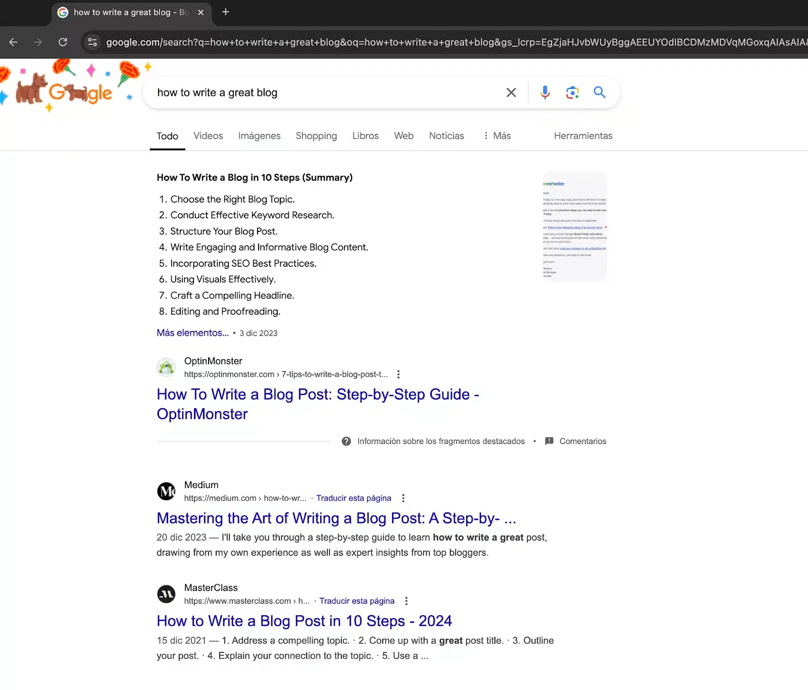 A screenshot showing the research process for a primary keyword; user is searching for “how to write a great blog” on Google.