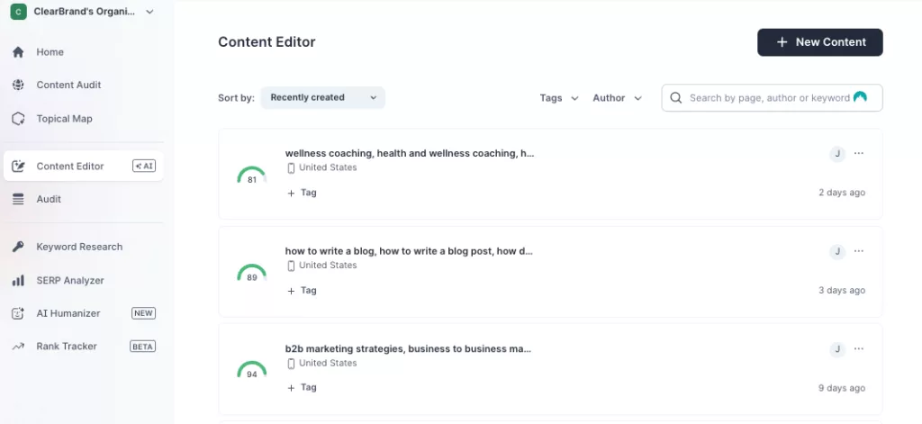 A screenshot of the Surfer Content Editor page, showing several posts and their associated SEO scores on a scale of 1-100.