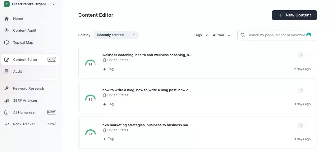 A screenshot of the Surfer Content Editor page, showing several posts and their associated SEO scores on a scale of 1-100.