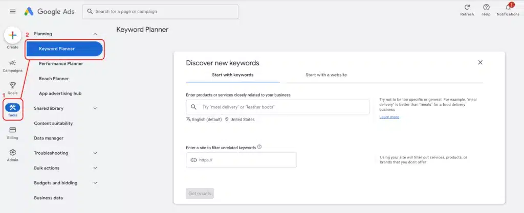 A screenshot showing how to navigate to the Google Keyword Planner in the Google Ads platform