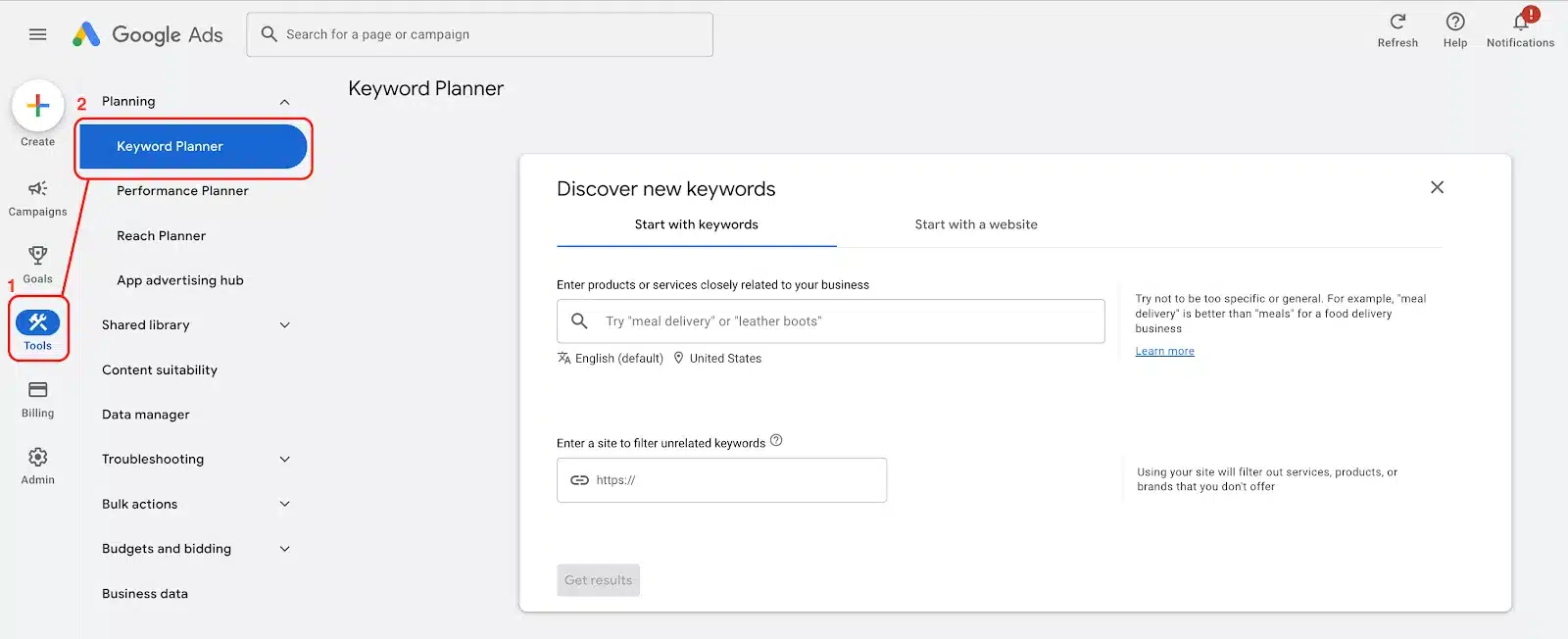 A screenshot showing how to navigate to the Google Keyword Planner in the Google Ads platform